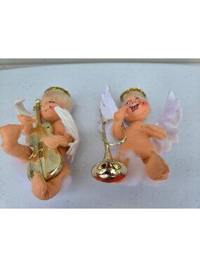 2 Anna Lee Vintage Cherub Ornament Dolls With Gold Musical Instruments